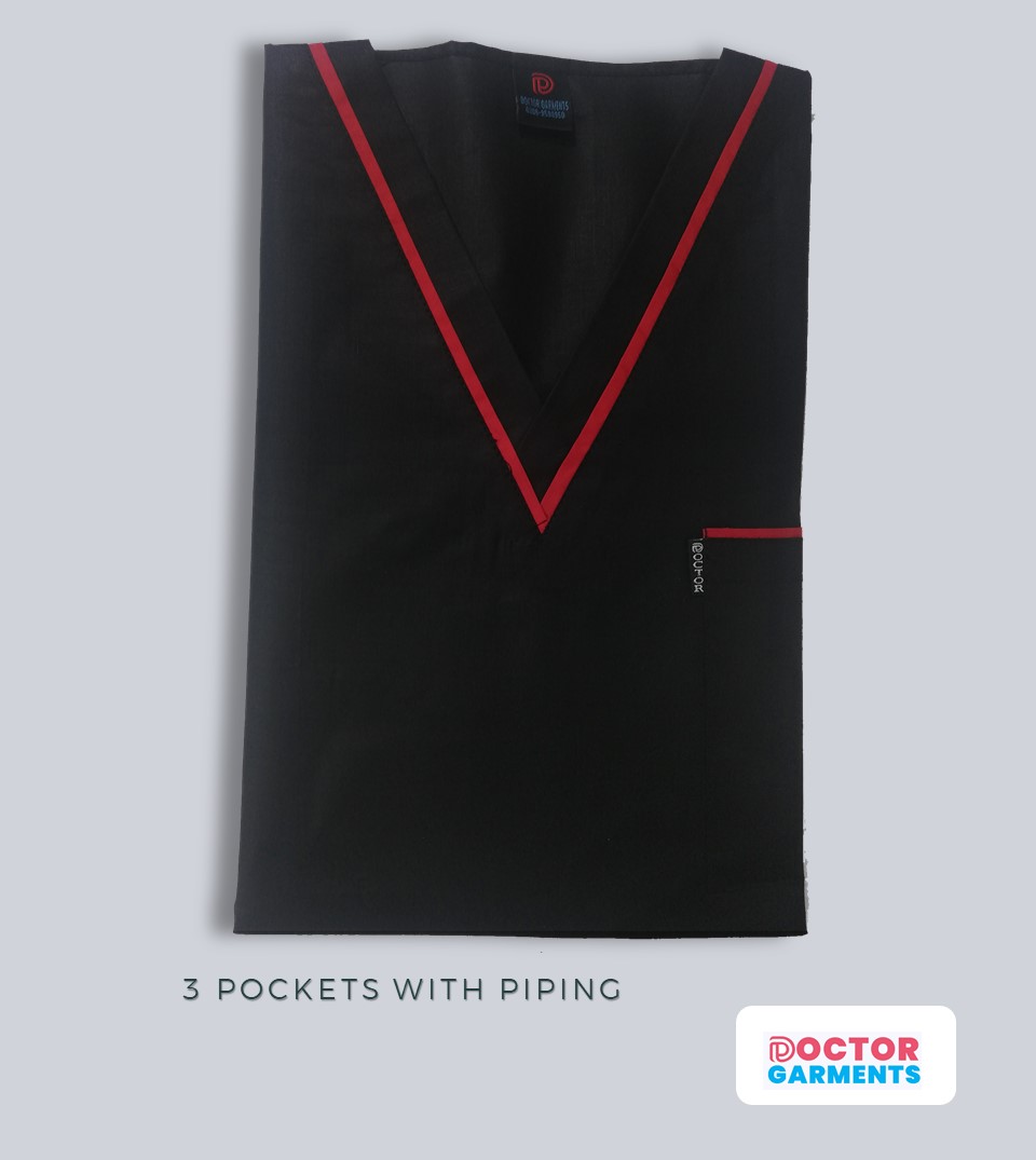 black medical scrub in lahore - 3 pockets with piping